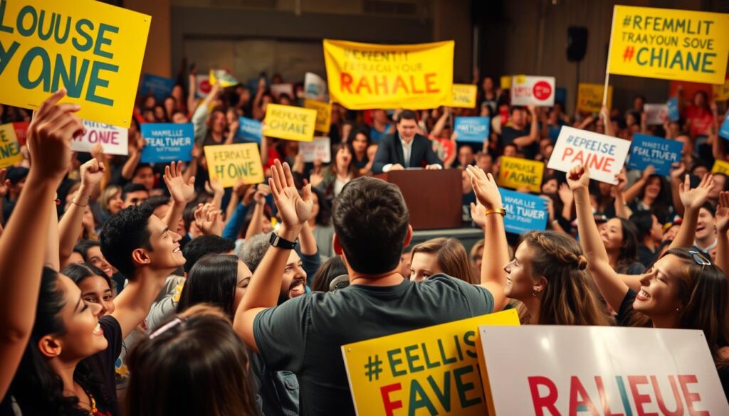 A lively political rally with a joyful, energetic atmosphere. In the foreground, a diverse group of young people enthusiastically chanting and waving vibrant banners with slogans promoting progressive political change. In the middle ground, a charismatic speaker stands on a raised platform, gesturing passionately to the engaged crowd. The background is filled with a sea of faces, hands raised high, expressions animated with a sense of unity and optimism. Warm, evenly-distributed lighting illuminates the scene, captured with a wide-angle lens to convey the scale and energy of the event. An atmosphere of youthful idealism and a shared vision for a brighter future permeates the image.