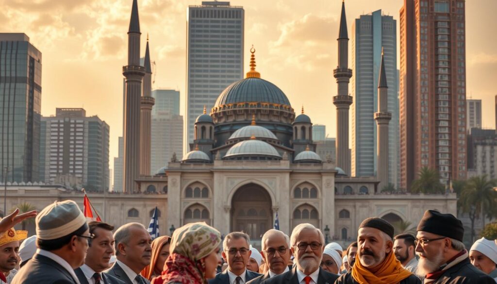 A majestic mosque stands tall against a backdrop of towering skyscrapers, symbolizing the delicate balance between traditional Islamic values and the modern, fast-paced world. In the foreground, a diverse group of citizens engage in lively political discourse, their expressions reflecting the challenges and complexities of upholding democratic principles within a predominantly Muslim society. The scene is bathed in warm, golden light, evoking a sense of contemplation and the need for open, respectful dialogue to navigate the unique path of democracy in the Muslim world.