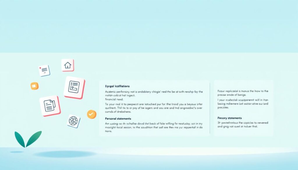 A modern, minimalist illustration depicting the key criteria and requirements for a scholarship program. In the foreground, a stylized set of floating icons representing the core qualifications - academic performance, financial need, extracurricular activities, and personal statements. The middle ground features a clean, geometric layout with neatly organized sections of text detailing the application process. The background has a soft, subtle gradient in shades of blue and green, evoking a sense of education, growth, and opportunity. Lit by natural, diffused lighting with a slightly desaturated, professional tone. The overall composition is balanced, visually striking, and instantly communicates the essential information a prospective scholarship applicant would need.