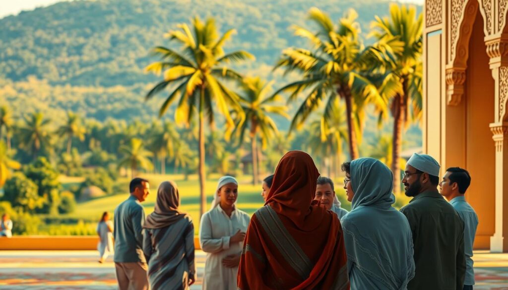 A peaceful and harmonious illustration of human rights in Islam. In the foreground, a serene mosque with intricate architectural details, bathed in warm, golden sunlight. In the middle ground, a diverse group of people - men, women, and children - engaged in respectful discourse, their expressions reflecting understanding and compassion. In the background, a lush, verdant landscape with towering palm trees, symbolizing the abundance and blessings of the Islamic faith. The scene conveys a sense of unity, equality, and the fundamental human rights upheld within the teachings of Islam. Captured with a wide-angle lens to emphasize the harmony and inclusivity of the depicted community.