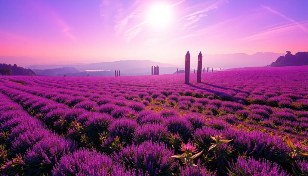A serene aura farm nestled amidst lush, verdant fields. In the foreground, vibrant hues of purple and indigo swirl in mesmerizing patterns, radiating an otherworldly energy. The middle ground features towering, crystalline structures that catch the warm, golden sunlight, casting intricate shadows across the landscape. In the distance, a hazy horizon blends seamlessly with the azure sky, creating a sense of tranquility and ethereal wonder. The scene is captured through a wide-angle lens, emphasizing the vast, expansive nature of this mystical, viral phenomenon.