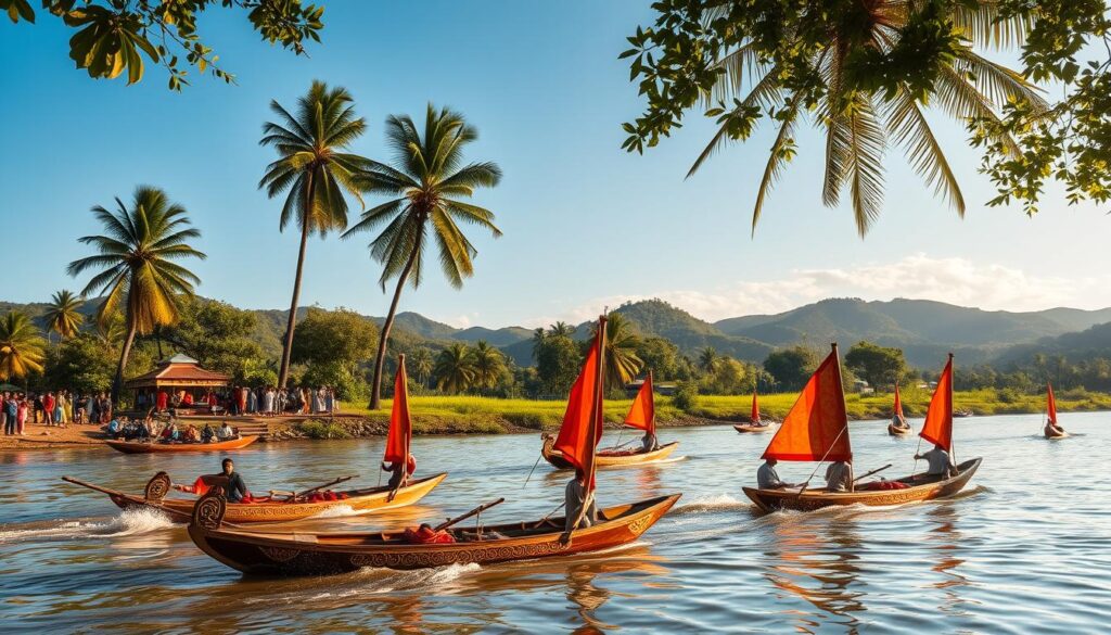 A traditional pacu jalur boat race in a lush, riverside setting. In the foreground, sleek wooden boats with ornate carvings and vibrant sails race across the calm, reflective waters. Spectators line the banks, dressed in colorful traditional attire, cheering on the competitors. In the middle ground, towering palm trees sway gently in the breeze, casting dappled shadows on the scene. The background features a backdrop of verdant, rolling hills and a clear, azure sky, conveying a sense of tranquility and timelessness. The lighting is warm and golden, capturing the energy and excitement of the event. The overall atmosphere evokes a rich cultural heritage and a deep connection to the natural world.