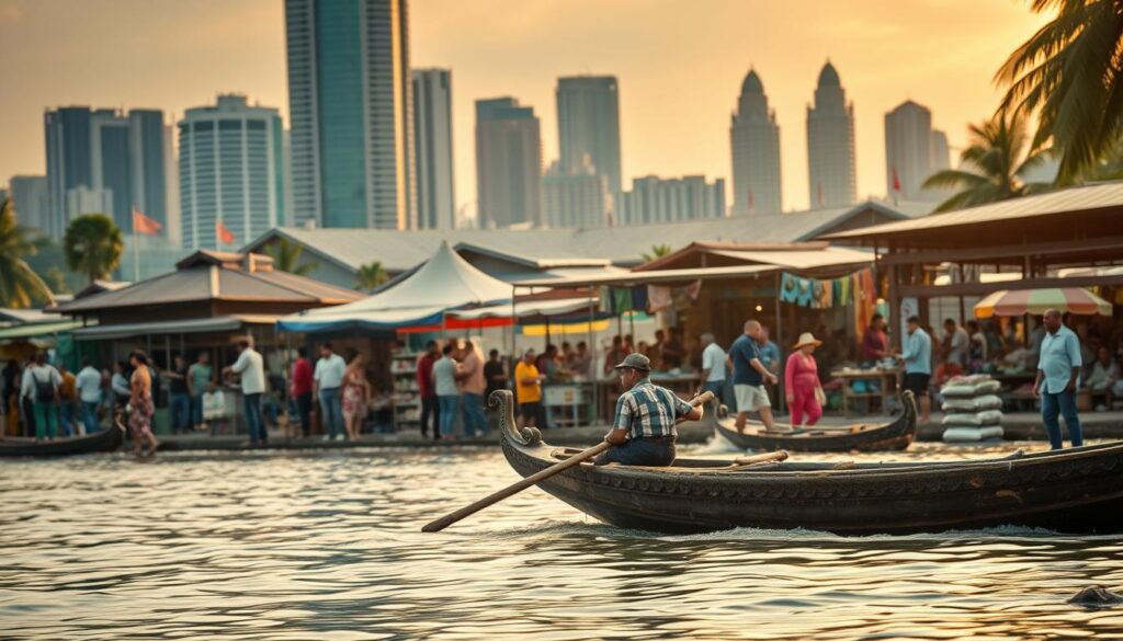 A vibrant scene of cultural exchange and global impact, set against the backdrop of Indonesia's rich heritage. In the foreground, a traditional Indonesian canoe glides across a tranquil river, its intricate carvings and vibrant colors reflecting the nation's artistic legacy. In the middle ground, a bustling marketplace teems with people from diverse backgrounds, engaged in lively trade and cultural dialogue. The background reveals a skyline of modern skyscrapers, symbolizing the integration of Indonesia's traditions with the forces of globalization. Warm, golden lighting casts a serene glow, evoking a sense of harmony and interconnectedness between the local and the global. This cinematic composition captures the dynamic interplay between Indonesia's cherished cultural identity and its evolving role on the world stage.