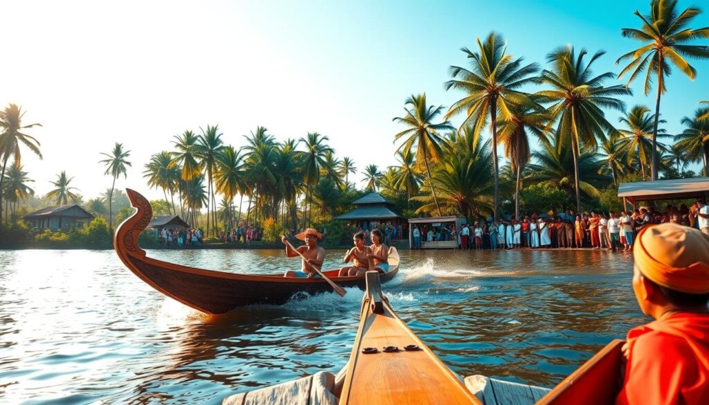 A vibrant scene of the traditional "pacu jalur" boat racing on a serene river in Riau, Indonesia. In the foreground, a long, slim wooden boat with intricately carved prows races across the water, its oarsmen in traditional dress providing powerful propulsion. The middle ground features spectators lining the riverbanks, their colorful attire and festive atmosphere capturing the cultural significance of this event. The background showcases the lush, verdant landscape of Riau, with towering palm trees and a clear, azure sky overhead. The lighting is warm and golden, accentuating the timeless, historic feel of this iconic traditional sport. Captured with a wide-angle lens to convey the grand scale and pageantry of "pacu jalur".