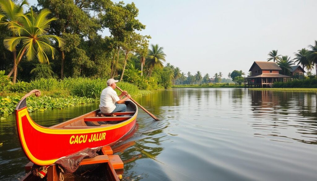 A vibrant traditional Indonesian pacu jalur canoe, its sleek wooden hull gliding across a tranquil river. The vessel's intricate carvings and bright red-and-gold paintwork catch the sun's rays, casting a warm glow across the serene landscape. Lush, verdant foliage lines the riverbanks, hinting at the rich agricultural potential of the surrounding farmland. In the distance, a traditional wooden house on stilts stands as a testament to the region's age-old cultural heritage. The scene evokes a sense of harmony between natural and human elements, inspiring a vision of sustainable, nature-integrated farming practices.