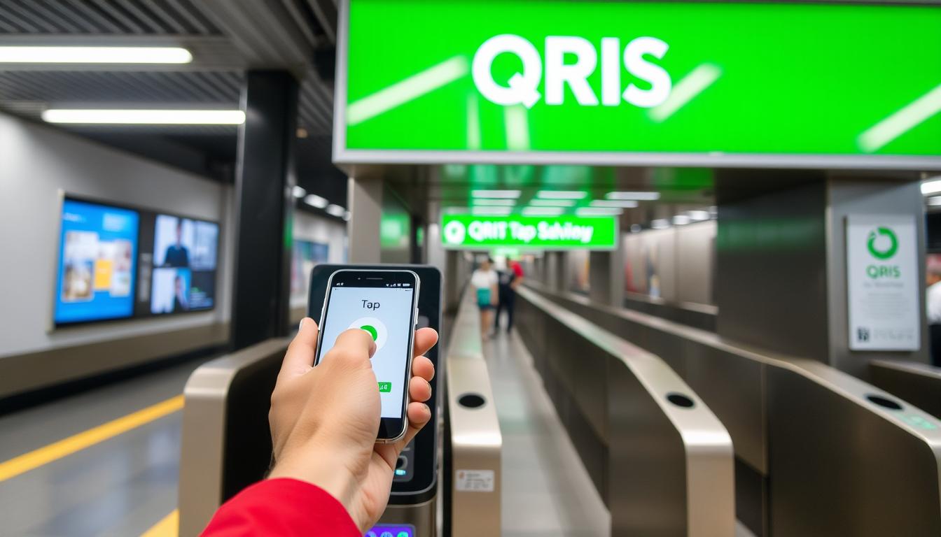 Pengguna menempelkan smartphone dengan QRIS Tap di gerbang MRT Jakarta