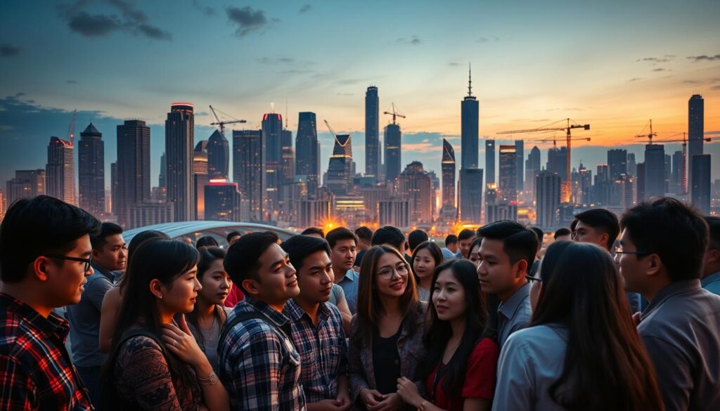 A bustling city skyline at dusk, with towering skyscrapers and cranes dotting the horizon. In the foreground, a diverse group of AI engineers gathered, engaged in lively discussions and collaborations, their expressions filled with a sense of purpose and excitement. The warm, amber lighting casts a soft glow, creating an atmosphere of innovation and opportunity. The scene conveys the dynamic and thriving career prospects for AI engineers in Indonesia, hinting at the wide range of industries and roles they can pursue.
