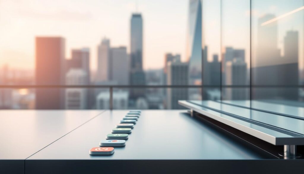 A modern, minimalist platform with clean lines and an elegant design. The platform is made of sleek, brushed metal and glass, giving it a high-tech, professional appearance. In the foreground, there are several application icons neatly arranged, representing various online tools and services. The middle ground features a warm, soft lighting, creating a welcoming and productive atmosphere. The background is a blurred, out-of-focus cityscape, hinting at the platform's connectivity to the wider digital world. The overall composition suggests a seamless, user-friendly interface that facilitates effortless earning opportunities for internet users.