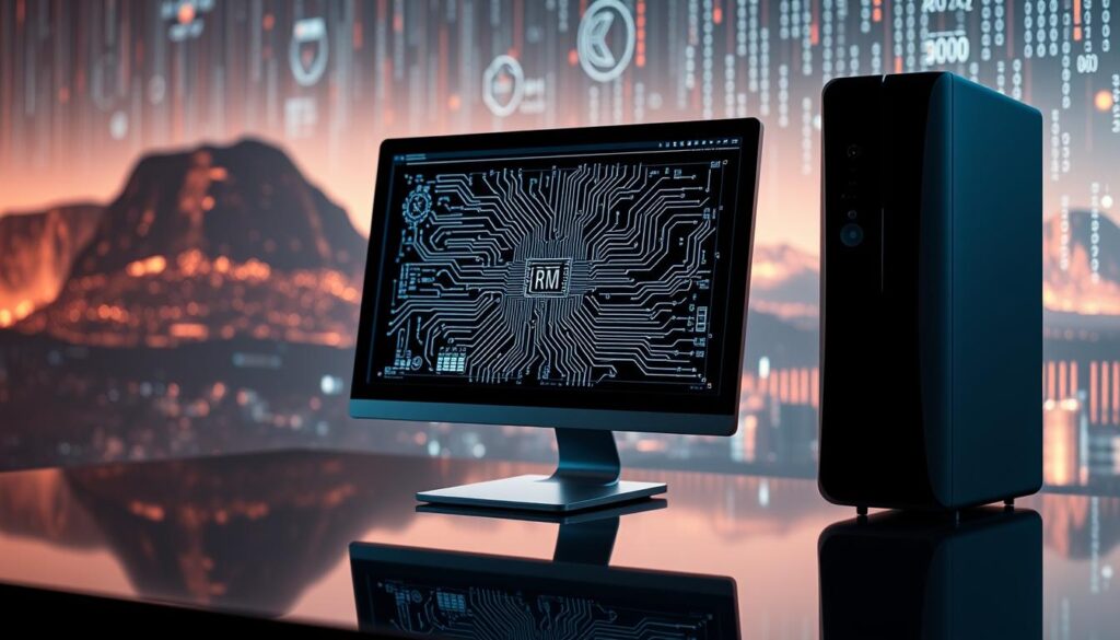 A sleek, modern desktop computer with a minimalist design, subtly reflecting the smooth curves of the case in the polished surface. The screen displays a complex circuit diagram, hinting at the intricate workings of the machine. The lighting is soft and warm, creating a contemplative atmosphere. In the background, a stylized landscape of binary code and digital abstractions evokes the boundless possibilities of computer science. The entire scene exudes a sense of intellectual rigor and technological prowess, reflecting the capabilities of an AI engineer trained in computer science.