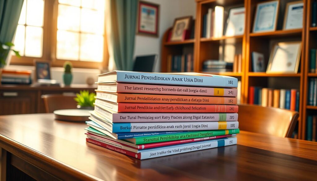 A stack of academic journals titled "Jurnal Pendidikan Anak Usia Dini" sits on a wooden desk, illuminated by warm, diffused lighting from a nearby window. The journal covers feature vibrant colors and modern, minimalist designs, reflecting the latest research and best practices in early childhood education. The desk is positioned in a cozy, well-appointed office, with bookshelves and framed certificates visible in the background, conveying a sense of professionalism and expertise. The overall atmosphere is one of scholarly thoughtfulness and dedication to the field of early childhood development.