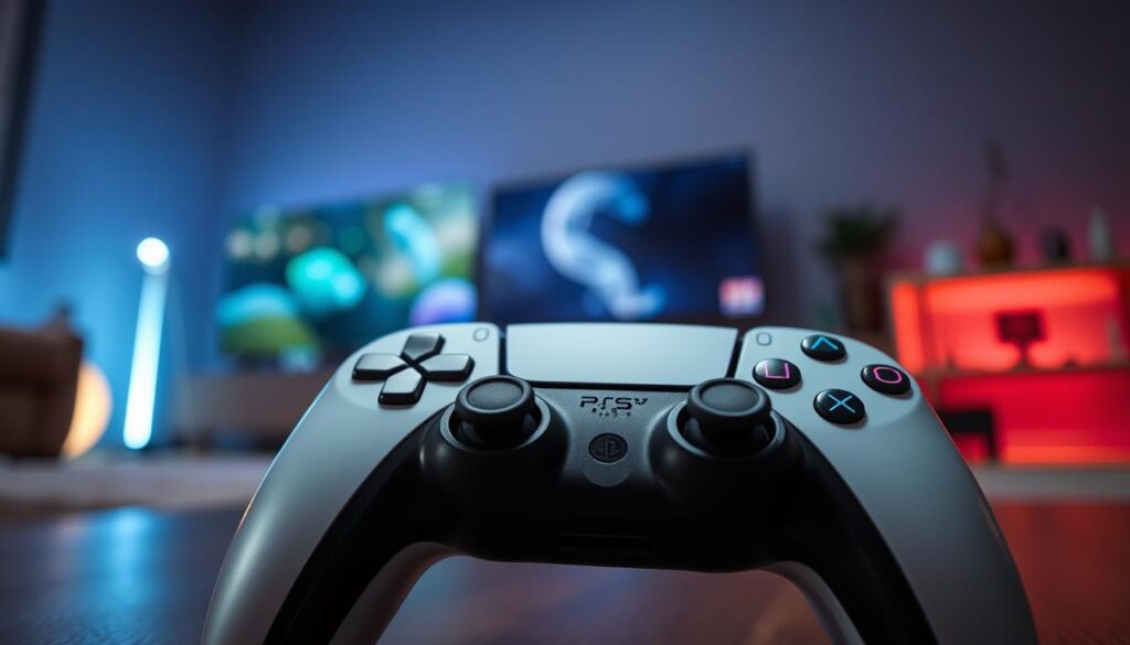 A close-up view of the Access Controller for PS5, showcasing its innovative design and features. The controller is centered in the foreground, displaying its ergonomic grip, textured buttons, and unique color scheme. In the middle ground, a subtle blur of a gaming console and a modern television set can be seen, hinting at a vibrant gaming environment. The background features dim ambient lighting with a soft glow, creating a cozy gaming atmosphere. The perspective is slightly angled from above for a dynamic effect. The overall mood is inviting and immersive, capturing the essence of an engaging gaming experience for various genres.