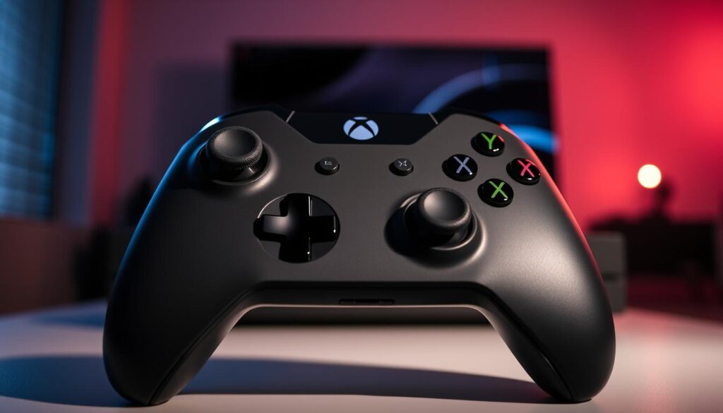A close-up view of the Xbox Elite Series 3 controller, featuring a sleek design with premium materials and a high-resolution OLED screen measuring 1.5 inches. The controller is displayed prominently in the foreground, showcasing its textured grips and customizable buttons. Soft, dim ambient lighting highlights the contours and features of the controller, casting gentle shadows to create depth. In the middle ground, a blurred background of an elegant gaming setup with a modern console and a stylish gaming monitor adds context. The atmosphere is modern and sophisticated, appealing to gaming enthusiasts. The image conveys a sense of advanced technology and high performance, enticing the viewer's curiosity about the rumored features.