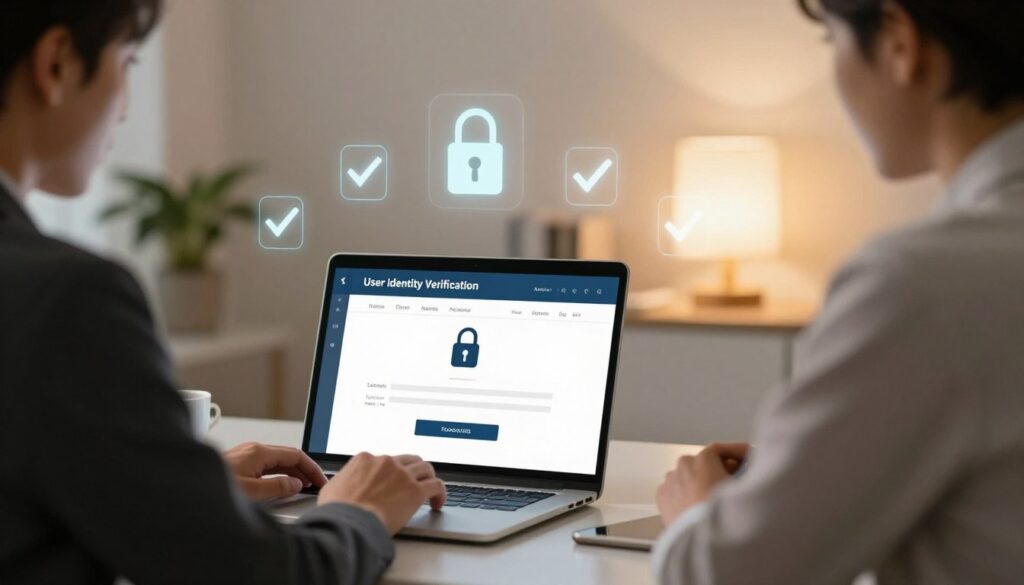 A professional setting showcasing a "User Identity Verification" process. In the foreground, a well-dressed individual in business attire is seated at a desk, focused on a laptop screen displaying a verification interface. The middle ground features a soft focus on various security icons like padlocks and checkmarks, symbolizing safety and trust. The background includes a minimalist office space with neutral colors, a plant for a touch of warmth, and a softly lit lamp casting a cozy glow. The lighting is warm and inviting, creating a sense of security and professionalism. The atmosphere is serious yet approachable, emphasizing the importance of user verification in online interactions. No text or additional elements should be included.