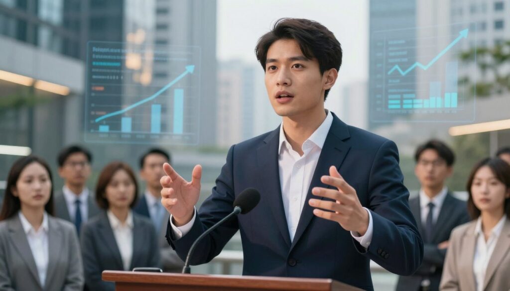 A young, ambitious politician in their 30s, dressed in a sharp, professional suit, stands confidently at a podium, gesturing passionately as they address a diverse audience. In the background, brightly lit city buildings reflect a dynamic, modern atmosphere, symbolizing progress and opportunity. A subtle infographic illustrating career milestones and data points hovers faintly in the air, capturing the essence of rapid career advancement. The foreground features a close-up of the politician's determined expression, conveying youthfulness and determination, while soft natural lighting highlights their features. The overall mood is one of inspiration and ambition, illustrating the theme of young political success in a contemporary setting.
