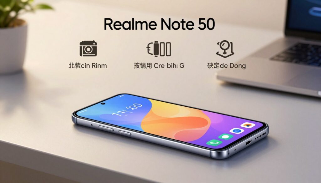 A detailed and attractive visual representation of the Realme Note 50 smartphone, positioned prominently in the foreground on a sleek, modern desk. The phone's screen is illuminated, showcasing its vibrant display and colorful interface, with a subtle reflection on the surface. In the middle ground, include essential specifications displayed in a stylish and organized manner, such as camera details, battery life, and other features, without any text. The background should have a minimalist design, perhaps with soft-focus elements like a blurred plant or a tech gadget, evoking a modern and innovative atmosphere. Use soft, natural lighting to create a warm, inviting mood, emphasizing clarity and detail. The angle should be slightly elevated, giving an overview of the phone and its features.