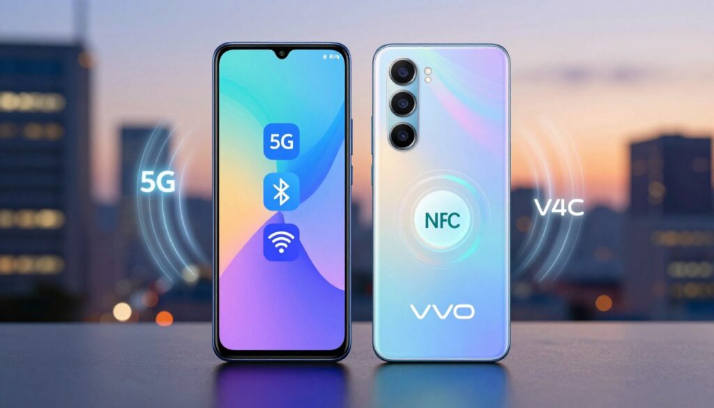 A high-tech smartphone, split-screen design displaying the Samsung A55 and Vivo V40, showcasing their connectivity options and additional features. On the left, the Samsung A55 features vibrant icons for 5G, Bluetooth, and Wi-Fi, highlighted by glowing lines to represent seamless connectivity. The right side displays Vivo V40 with symbols for fast charging and NFC, surrounded by soft, glowing accents. In the background, a blurred urban cityscape at dusk, providing a lively and modern atmosphere. The lighting is soft yet focused, accentuating the smartphones and their features, with a slightly angled view to create depth. The mood is professional and futuristic, aimed at tech-savvy readers.