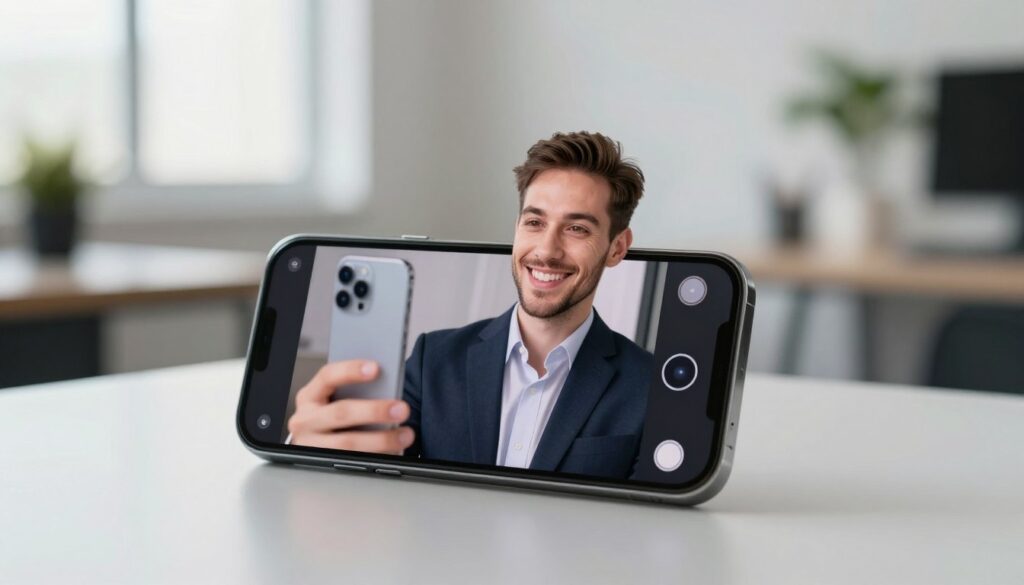A modern smartphone resting on a clean, minimalist surface, showcasing its front-facing camera prominently. The scene is lit with soft, natural light from a nearby window, creating a bright and inviting atmosphere. In the foreground, a close-up of the smartphone's screen displays a high-resolution selfie taken with its impressive 50MP camera, capturing a smiling individual in professional business attire, highlighting the quality of the portrait. The background features blurred office elements, such as a desk and a plant, to suggest a professional environment without distracting from the smartphone. The angle is slightly tilted, emphasizing the lens of the camera and the selfie, and the overall mood is one of confidence and clarity in personal branding through photography.